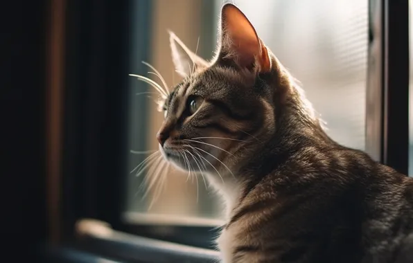 Кошка, кот, усы, взгляд, свет, портрет, окно, арт