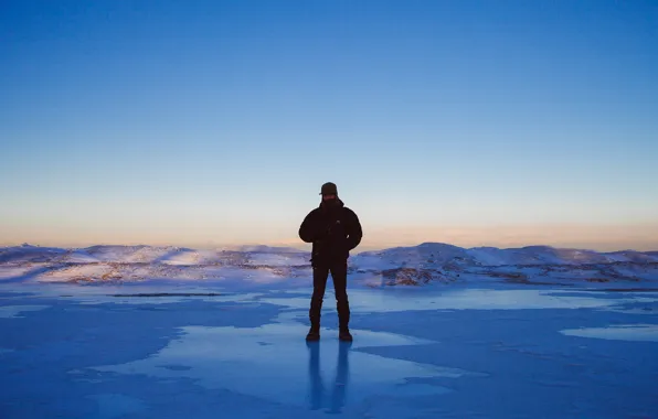 Ice, winter, lake, man, frozen, sunlight, freeze, frost