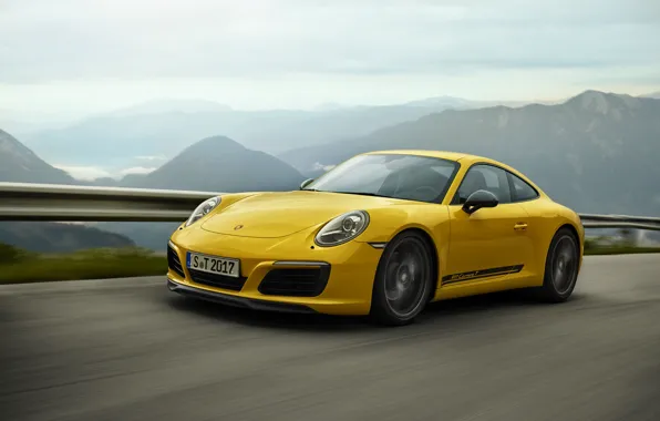 Картинка дорога, жёлтый, Porsche, ограждение, горный пейзаж, 911 Carrera T