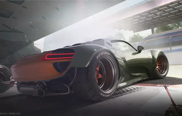 Картинка Concept, Porsche, Car, Race, 918, Wheels, Garage, Rear