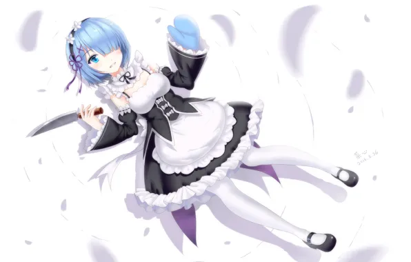 Девушка, нож, anime, горничная, art, rem, re zero kara hajimeru isekai seikatsu