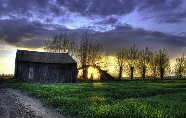 Картинка поле, пейзаж, закат, дом