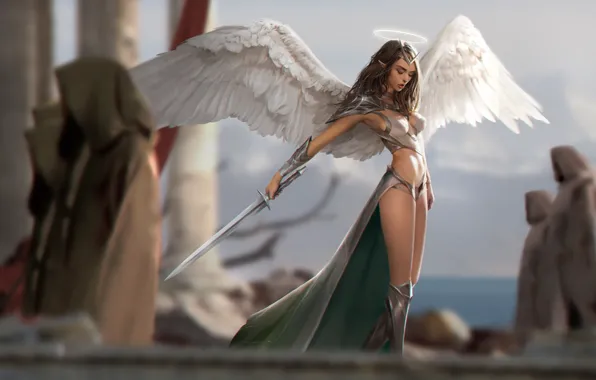 Girl, sword, fantasy, armor, weapon, wings, Angel, elf