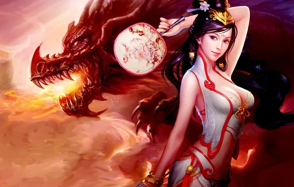 Картинка fire, Dragon, boobs, breast, women, creature, oriental