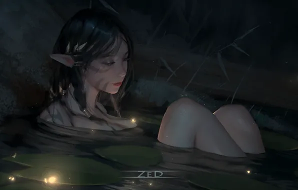 Девушка, ночь, пруд, эльф, фэнтези, by ZED, листья кувшинки