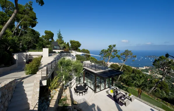 Картинка море, город, вилла, вид, яхта, горизонт, залив, терраса