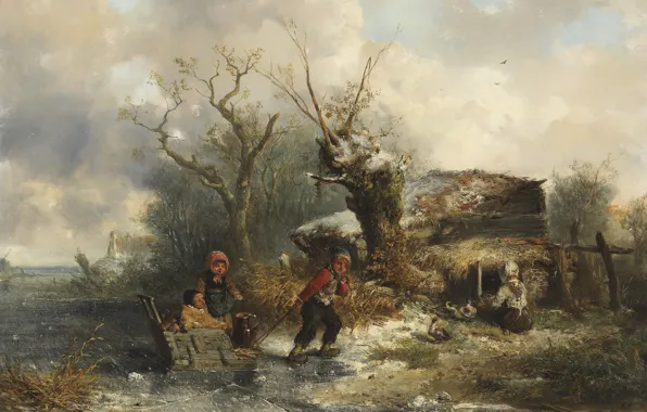 Картинка нидерландский живописец, Dutch painter, oil on canvas, Johan Mari Ten Kate, Зимний пейзаж с играющими …