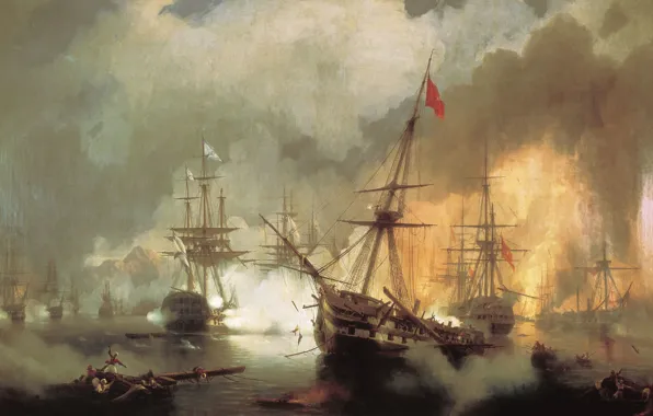 Корабль, масло, картина, бой, холст, баталия, Иван Айвазовский, Морское Сражение при Наварине 2 октября 1827 …