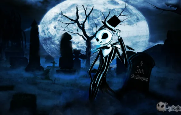 Ночь, туман, кладбище, полнолуние, ухмылка, надгробие, Jack Skellington