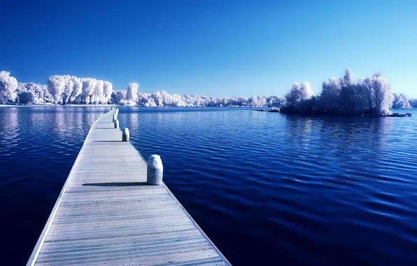 Картинка зима, лес, снег, озеро, мостик