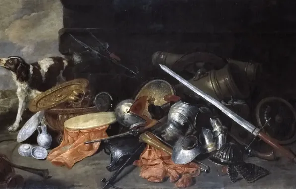 Картинка собака, картина, меч, шлем, 7 Питер Боэль, Военные Принадлежности и Трофеи