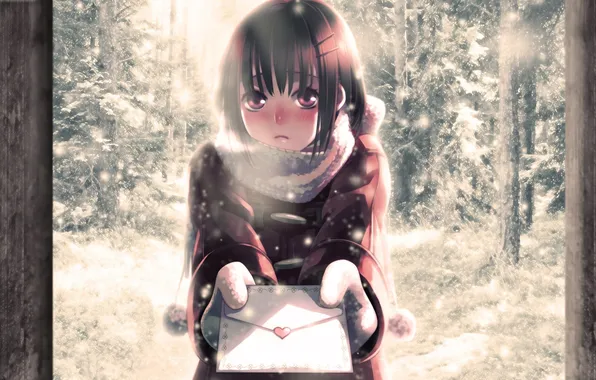 Картинка зима, письмо, снег, аниме, девочка, сердечко, minami seira