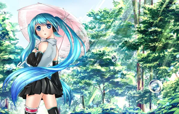 Девушка, солнце, капли, деревья, природа, зонт, арт, vocaloid