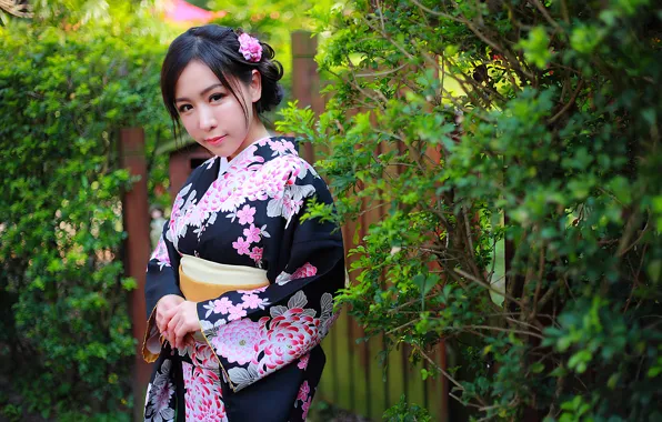Картинка девушка, цветы, лицо, стиль, фон, волосы, макияж, кимоно