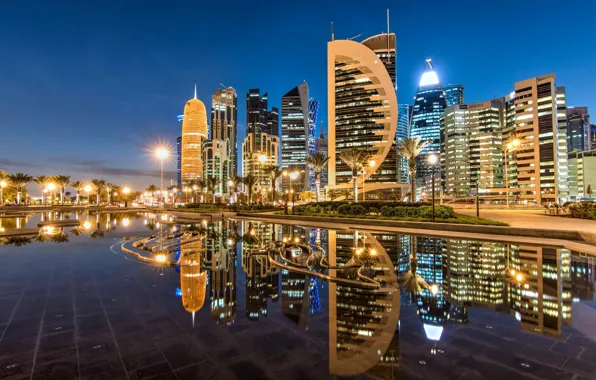 Картинка отражение, здания, ночной город, небоскрёбы, Qatar, Doha, Доха, Катар