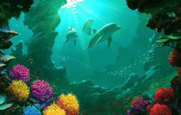 Картинка море, вода, пейзаж, красота, рыба, кораллы, art, dolphin