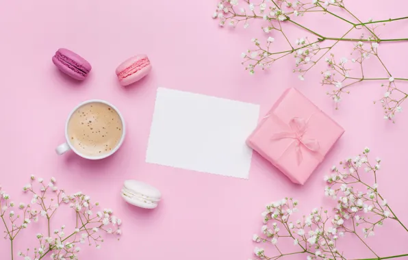 Цветы, кофе, еда, напиток, cake, pink, coffe, macaron