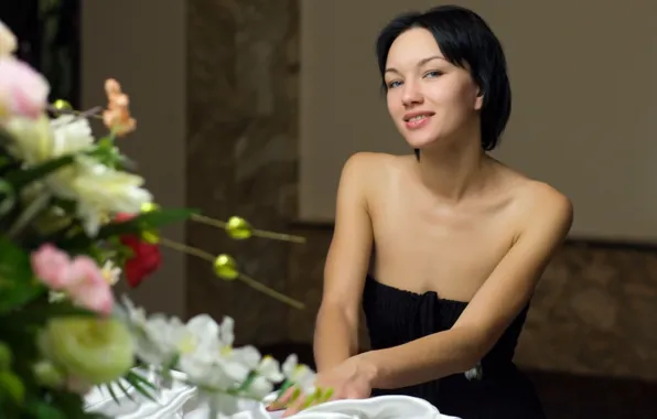 Short hair, model, bouquet, Loreen A, evening dress, metart