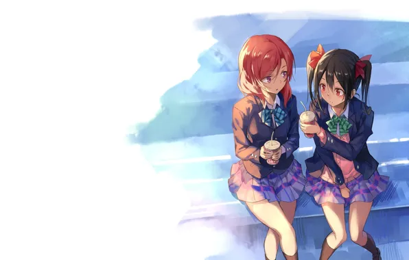 Стакан, рыжая, напиток, бант, школьная форма, подруги, сидят, Minami Kotori