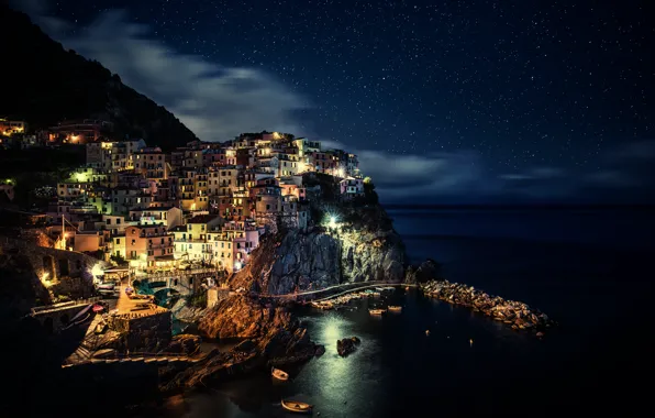 Звезды, ночь, город, Италия, Italy, Night, Manarola, Liguria