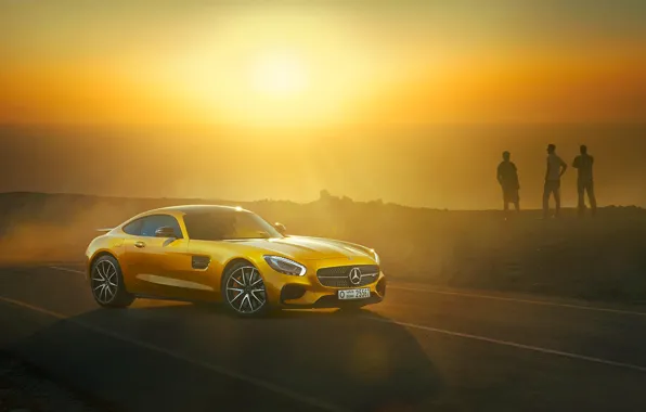 Mercedes-Benz, Front, AMG, Sun, Day, Yellow, Road, Sea
