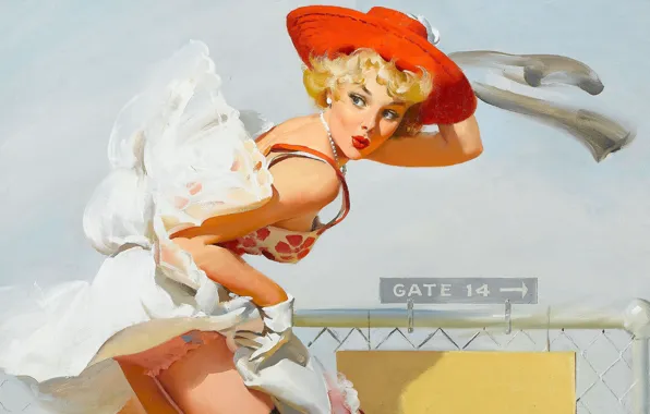 Девушка, ретро, ветер, рисунок, юбка, шляпка, Pin-up