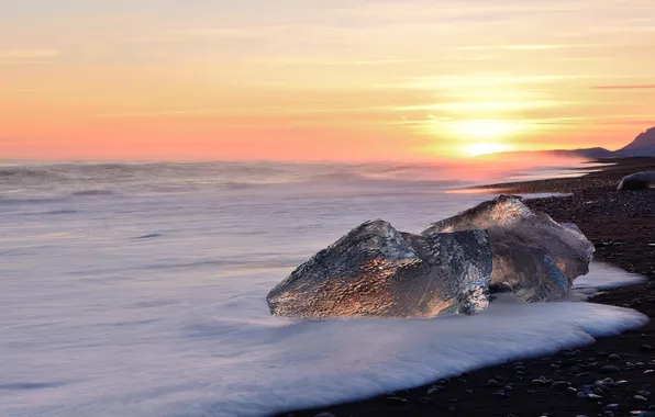 Лед, море, пляж, солнце, вечер, Исландия