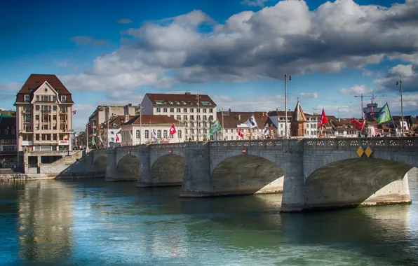 Картинка мост, река, дома, Швейцария, Базель