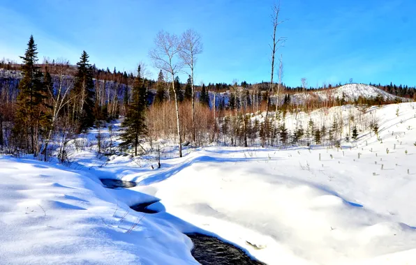 Canada, nature, blue, water, winter, snow, stream