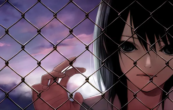 Картинка забор, Девушка, вечер, черные волосы, цепь ограждения