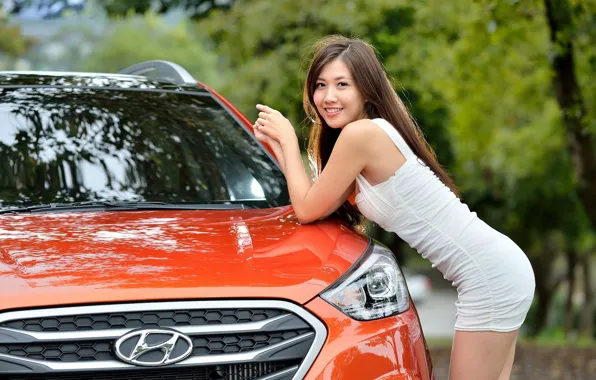 Авто, взгляд, улыбка, Девушки, азиатка, Hyundai, красивая девушка, позирует над машиной