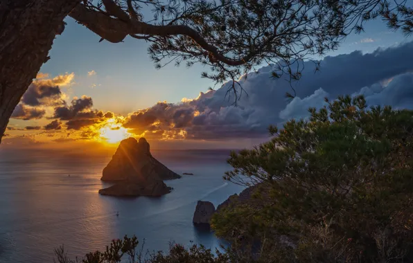 Картинка море, закат, скалы, остров, Испания, Spain, Ibiza, Ибица