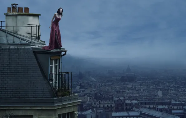 Крыша, девушка, город, высоко, Les Toits De Paris