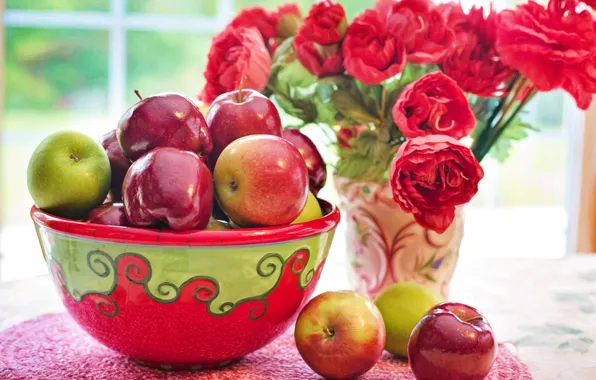 Цветы, яблоки, букет, натюрморт