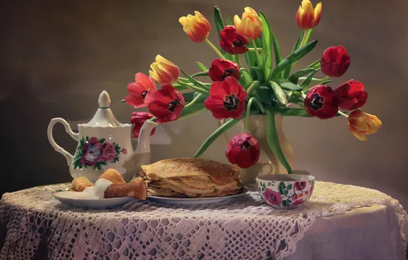 Картинка цветы, стол, фон, чай, букет, чайник, тарелка, чашка
