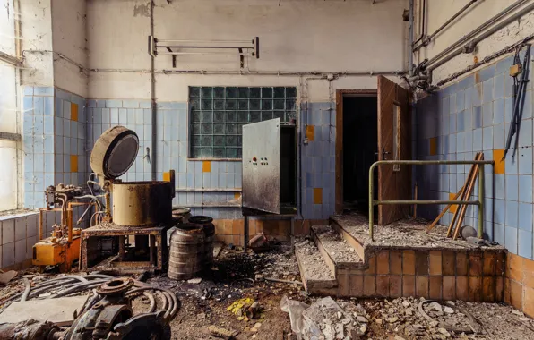 Window, room, sunlight, abandoned, door, machines, decay, mess