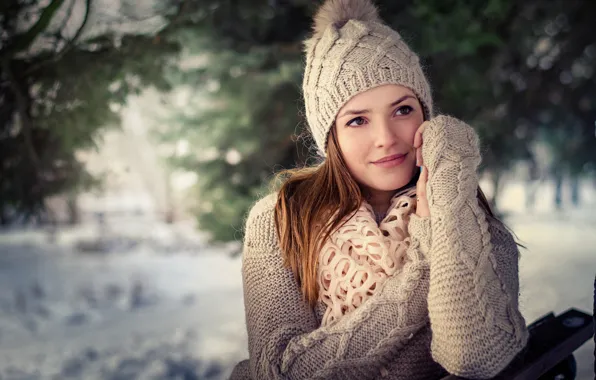 Картинка зима, девушка, настроение, портрет, шапочка, свитер, боке, Сергей Томашев