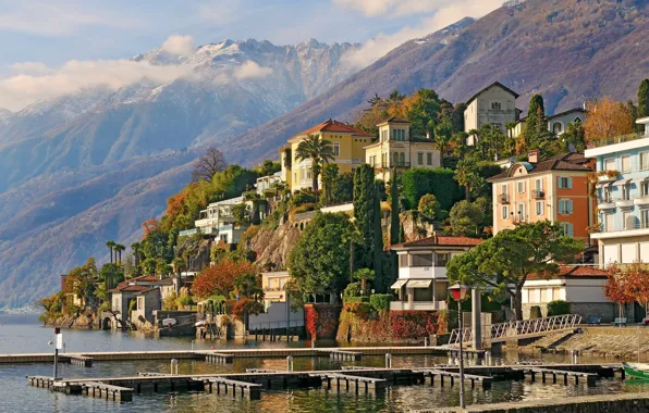 Деревья, горы, здания, Швейцария, Switzerland, Аскона, Ascona