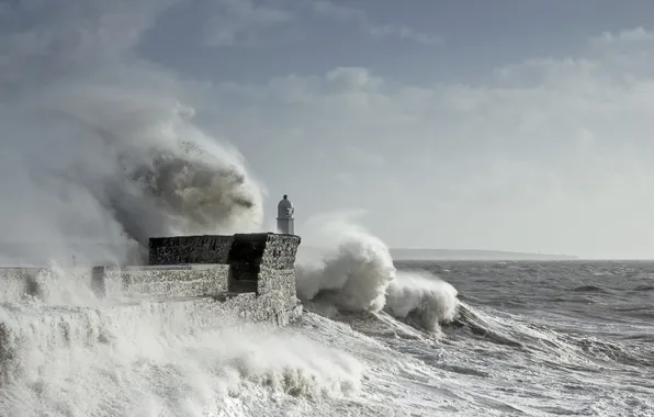 Landscape, lighthouse, stormy, storm force waves