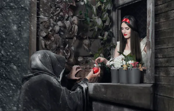 Картинка яблоко, ведьма, Белоснежка, по мотивам сказки