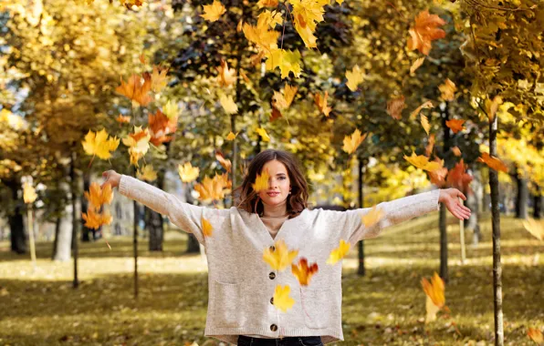 Картинка осень, листья, девушка, парк, фон, модель, желтые