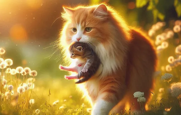 Кошка, взгляд, свет, природа, поза, котенок, серый, поляна