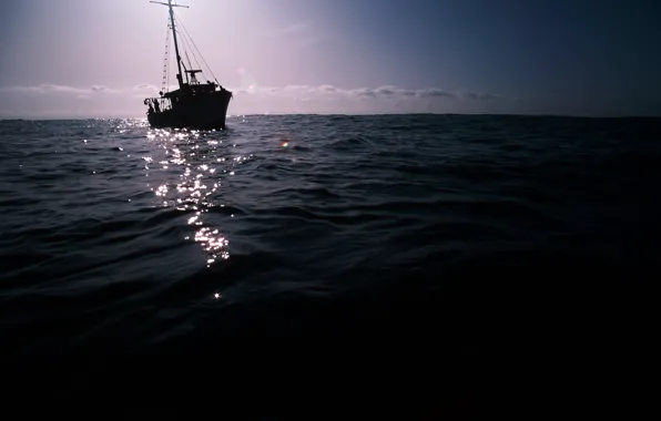 Картинка море, небо, вода, пейзаж, лодка, плавание