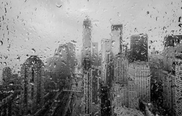 Картинка стекло, капли, макро, дождь, пасмурно, здания, катастрофа, небоскребы