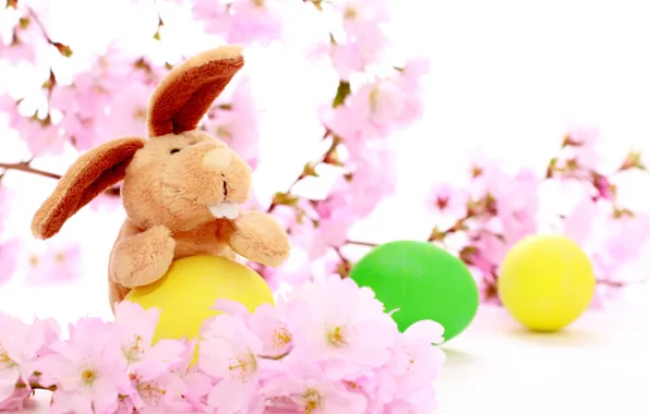 Картинка праздник, кролик, пасха, разноцветные яички, цветы вишни
