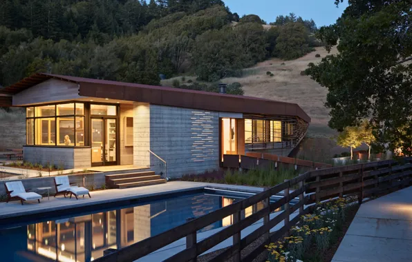 Вилла, вечер, бассейн, освещение, архитектура, San Francisco, терраса, Sonoma
