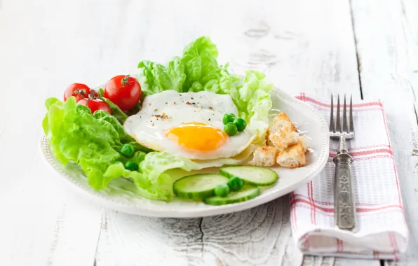Картинка завтрак, огурец, яичница, помидор, салат