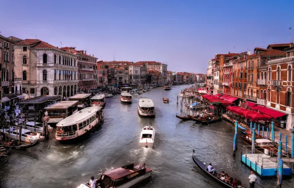 Движение, корабль, дома, лодки, причал, Италия, Венеция, канал