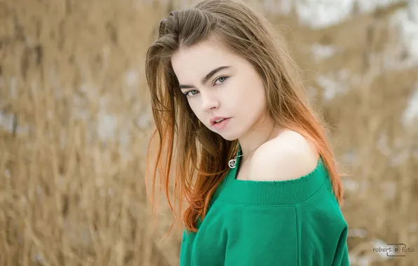 Взгляд, фон, модель, портрет, макияж, прическа, шатенка, на природе