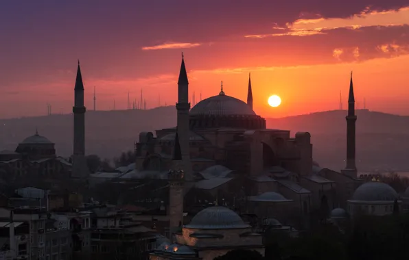 Закат, купол, Стамбул, Турция, экстерьер, ислам, Собор Святой Софии